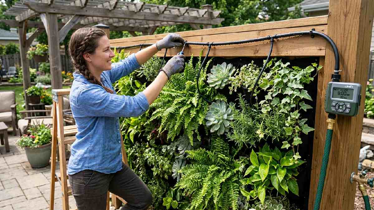  Person installing drip irrigation tubing on vertical garden wall showing final automated watering system setup step.