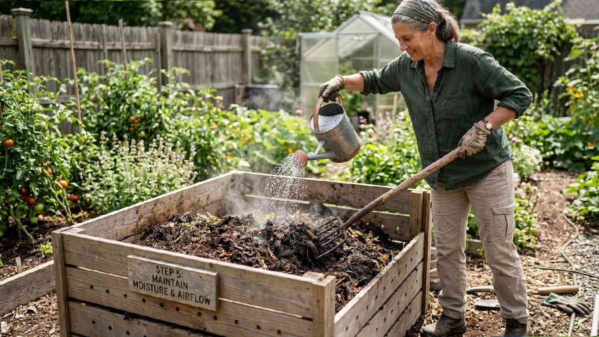Gardener watering and aerating compost pile with pitchfork, showing how to maintain proper moisture and airflow in compost step five.