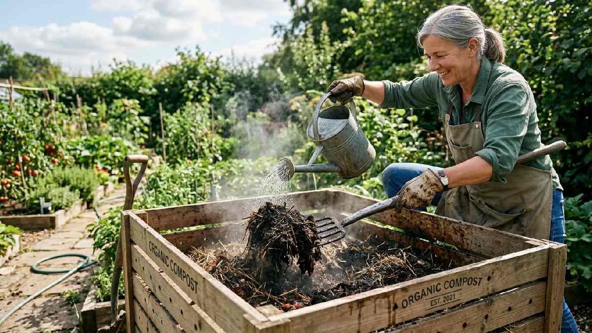 Gardener watering and turning compost pile with pitchfork, showing how to maintain proper moisture and airflow in compost bin, step five. 