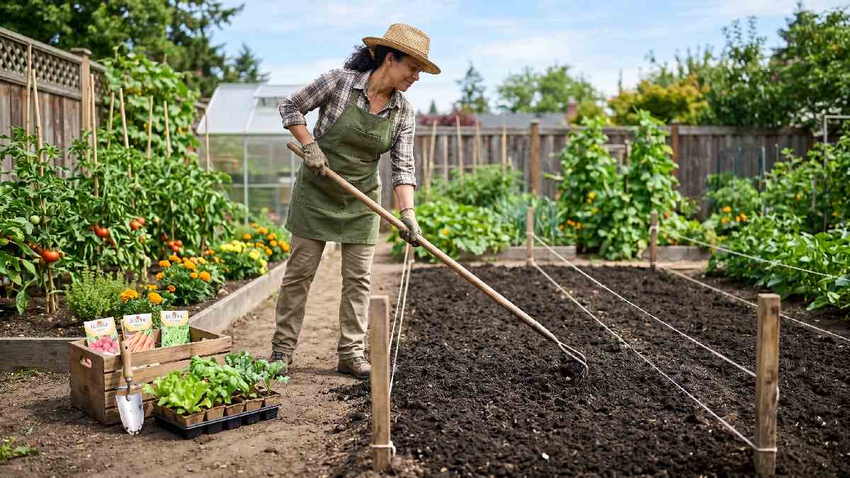 Gardener using long handle cultivator finishing soil preparation with loose fluffy bed marked with rows and seedlings ready for planting. 
