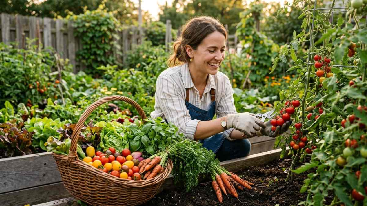 Harvesting first home garden crops showing a beginner picking ripe cherry tomatoes, lettuce, carrots, basil, and cilantro into a wicker basket in a sunny garden.