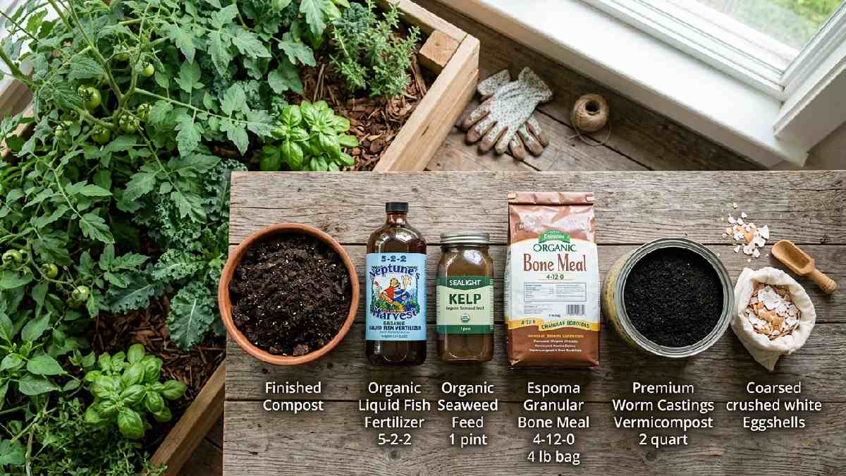 Natural fertilizers for organic home garden including finished compost fish emulsion seaweed liquid feed bone meal worm castings and crushed eggshells.