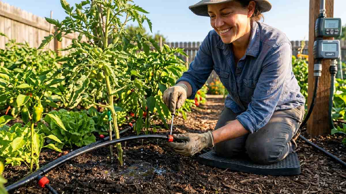 Testing DIY drip irrigation system showing water droplets from emitter heads at plant root zones, checking fittings for leaks, and adjusting emitter flow rates.