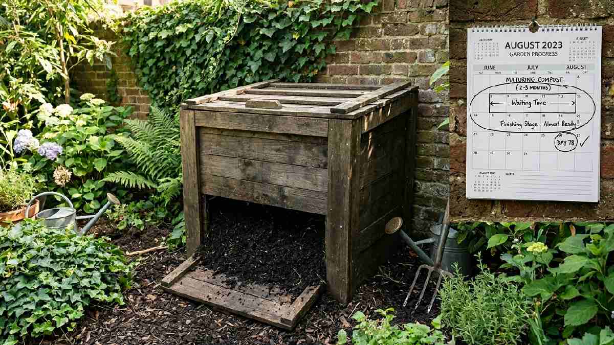 Covered compost bin with calendara marking the maturity period, dark finished compost visible showing how to let compost mature, step six.
