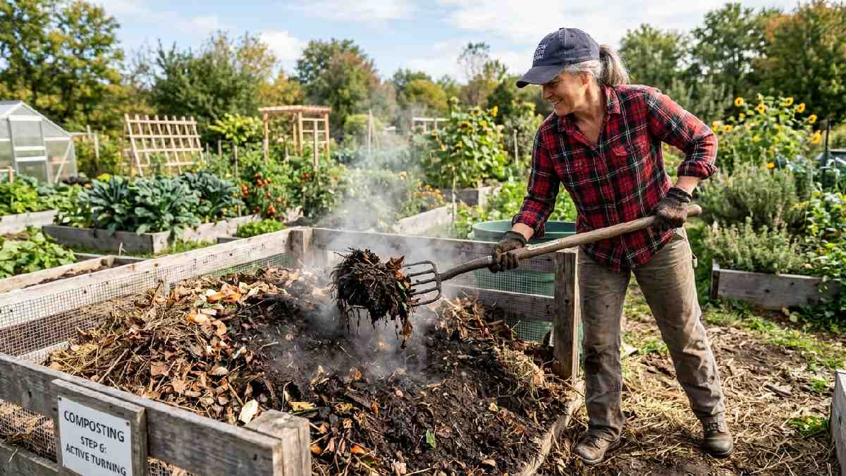Gardener turning compost pile with pitchfork, mixing outer and inner materials, showing how to turn compost regularly, step six.