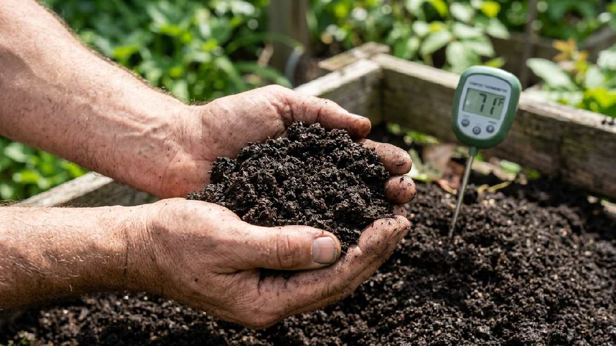 Hands holding dark, crumbly finished compost resembling rich soil, showing how to know when compost is ready, step seven.