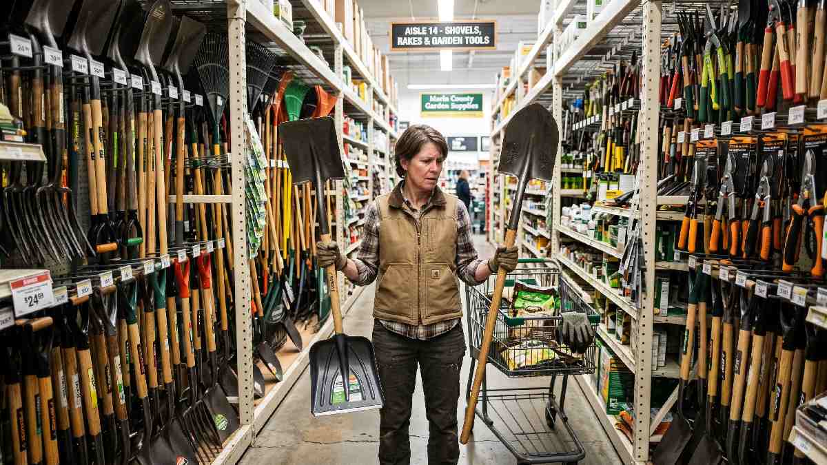 Confused gardener comparing tools in store aisle representing the challenge of finding the right gardening tools in Marin County.