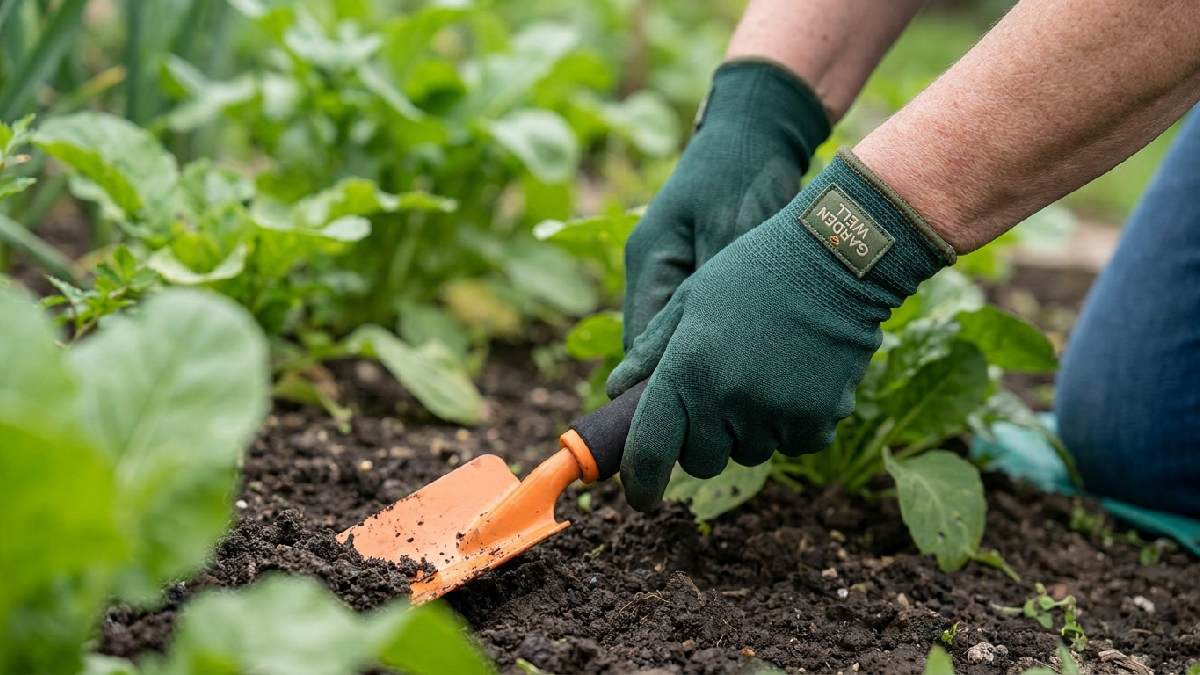 Woman gardener wearing non-slip gloves gripping ergonomic padded trowel with straight wrists showing correct technique to reduce hand strain while gardening.