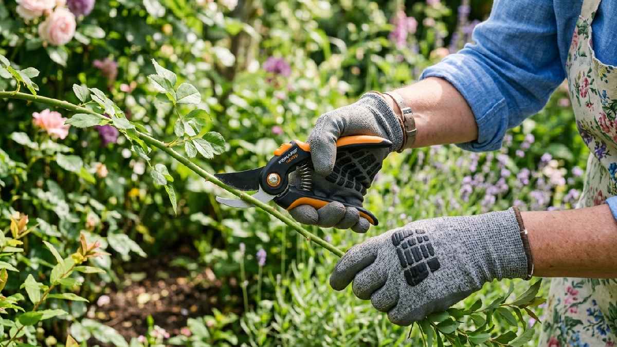 Woman gardener wearing padded gloves holding ergonomic pruning shears with neutral wrist position showing tips to reduce hand strain while pruning.