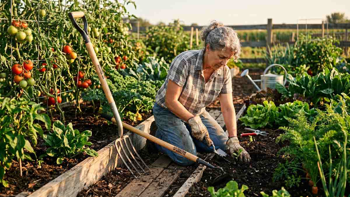 Gardener using Tractor Supply tools in lush vegetable garden showing top gardening tools for productive vegetable gardens today.