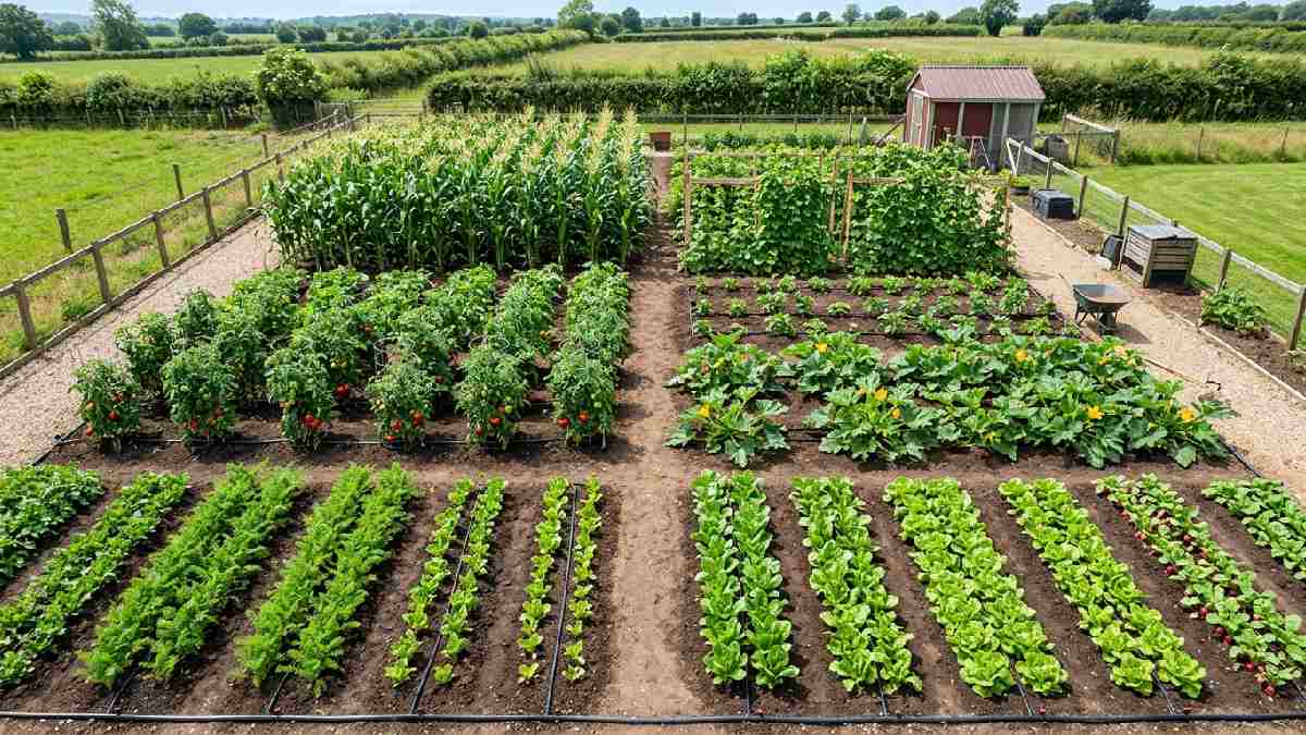 Traditional row garden layout for large backyard with straight north-south rows of corn tomatoes squash carrots and lettuce with wide pathways