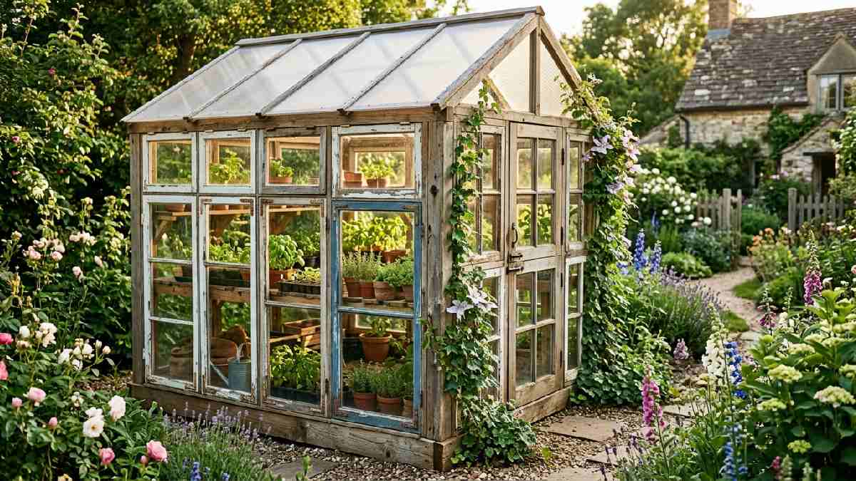 Upcycled window greenhouse built from salvaged old wooden window frames assembled together with wooden base and polycarbonate roof for year-round gardening.