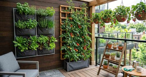 Modern small backyard with wall planters, trellis hanging baskets, and tiered shelves showing smart space-saving vertical garden designs.