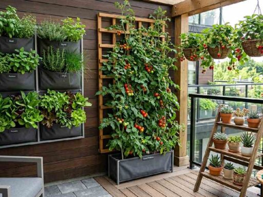 Modern small backyard with wall planters, trellis hanging baskets, and tiered shelves showing smart space-saving vertical garden designs.