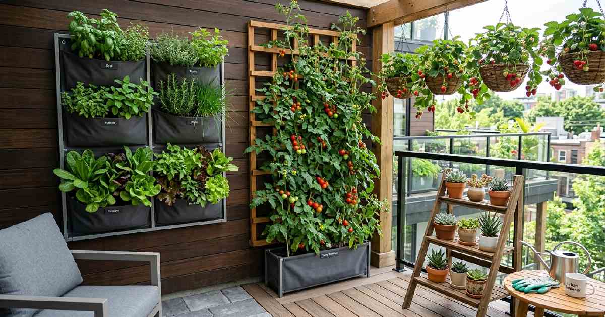 Modern small backyard with wall planters, trellis hanging baskets, and tiered shelves showing smart space-saving vertical garden designs.