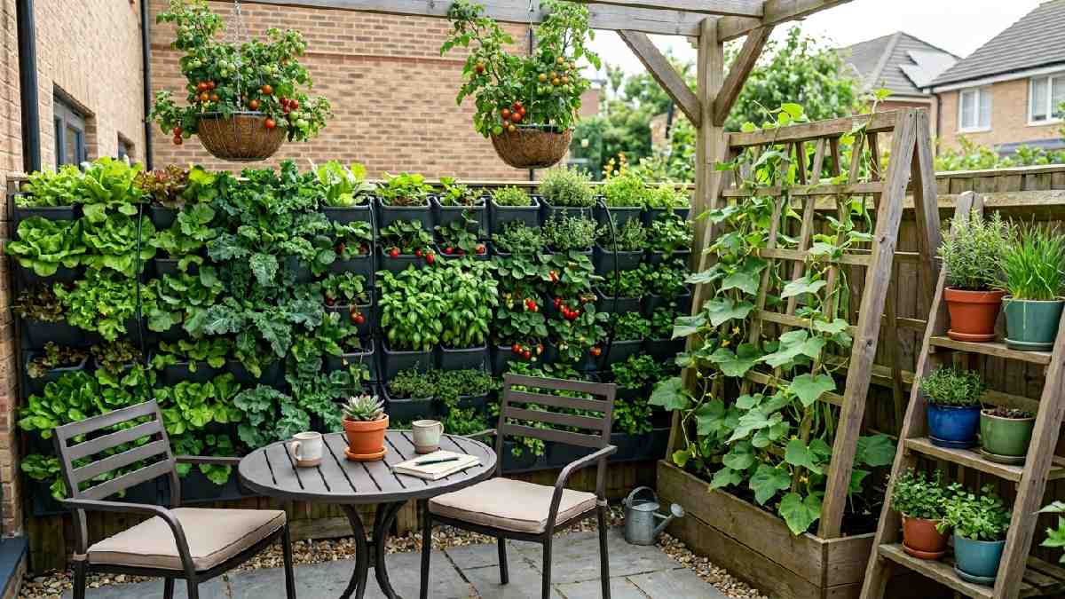 Vertical garden layout for compact backyard featuring living wall planters A-frame trellis climbing vegetables hanging baskets and tiered shelves maximizing small space.
