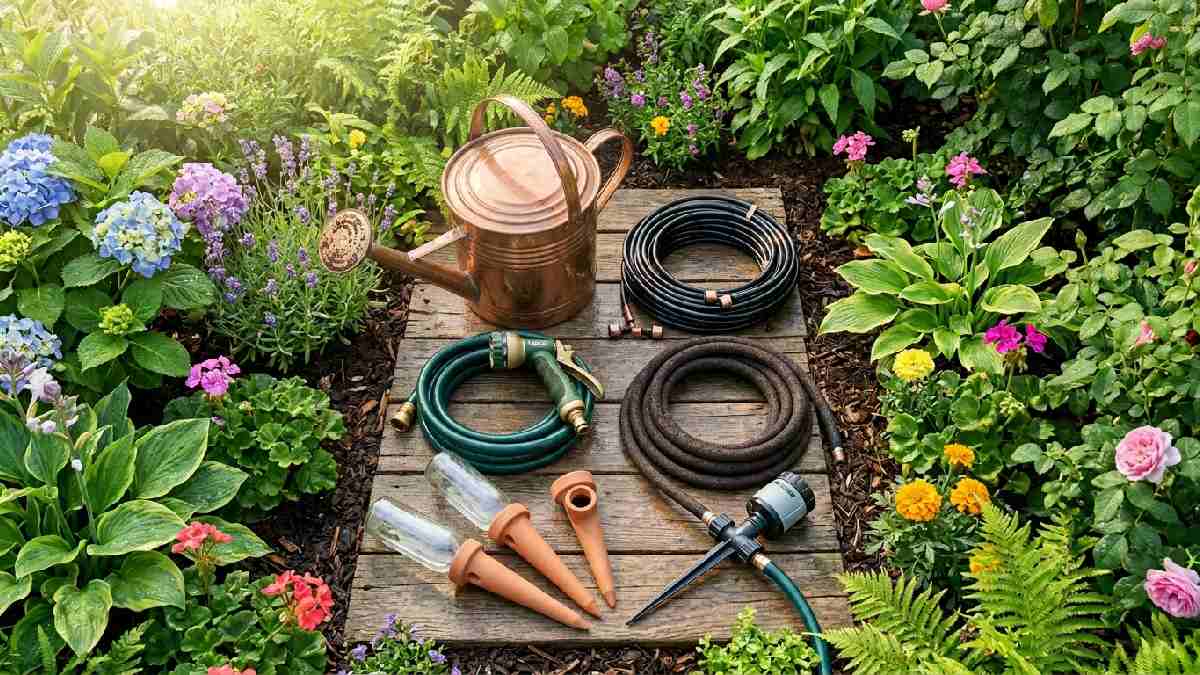 Essential garden watering tools including watering can hose drip irrigation soaker hose and self watering spikes for keeping plants healthy.