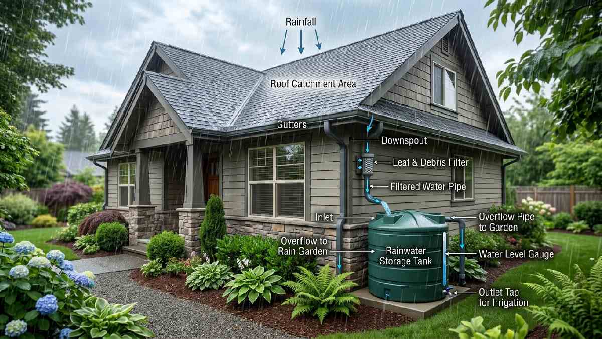 House roof collecting rainwater through gutters and downspouts into a storage tank showing the rainwater harvesting process clearly.