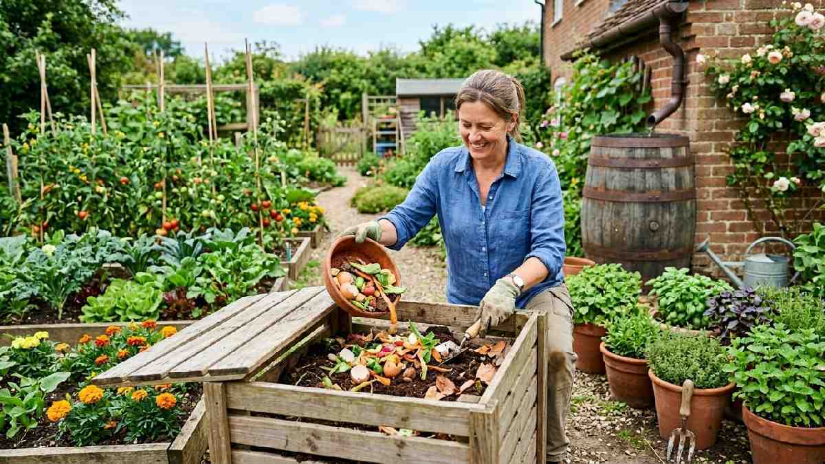 Gardener composting kitchen waste for sustainable zero waste gardening in a backyard garden.