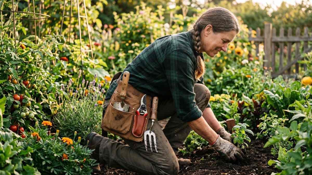 Gardener wearing a gardener's supply tool belt filled with a trowel, pruning shears, and a hand fork for organized hands-free gardening. 