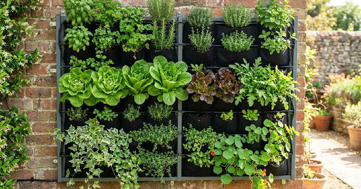 Wall-mounted vertical garden with tiered plant pockets filled with herbs and greens showing what a vertical garden actually is.