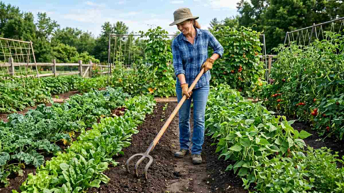 Gardener standing upright using long handle garden cultivator with steel tines to loosen soil between vegetable rows without back strain. 