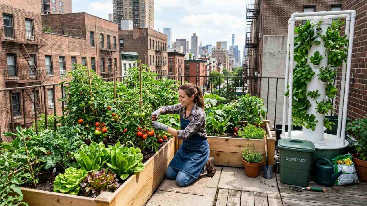 Home rooftop urban farm with raised beds and vertical hydroponic tower growing vegetables showing what urban farming at home means.