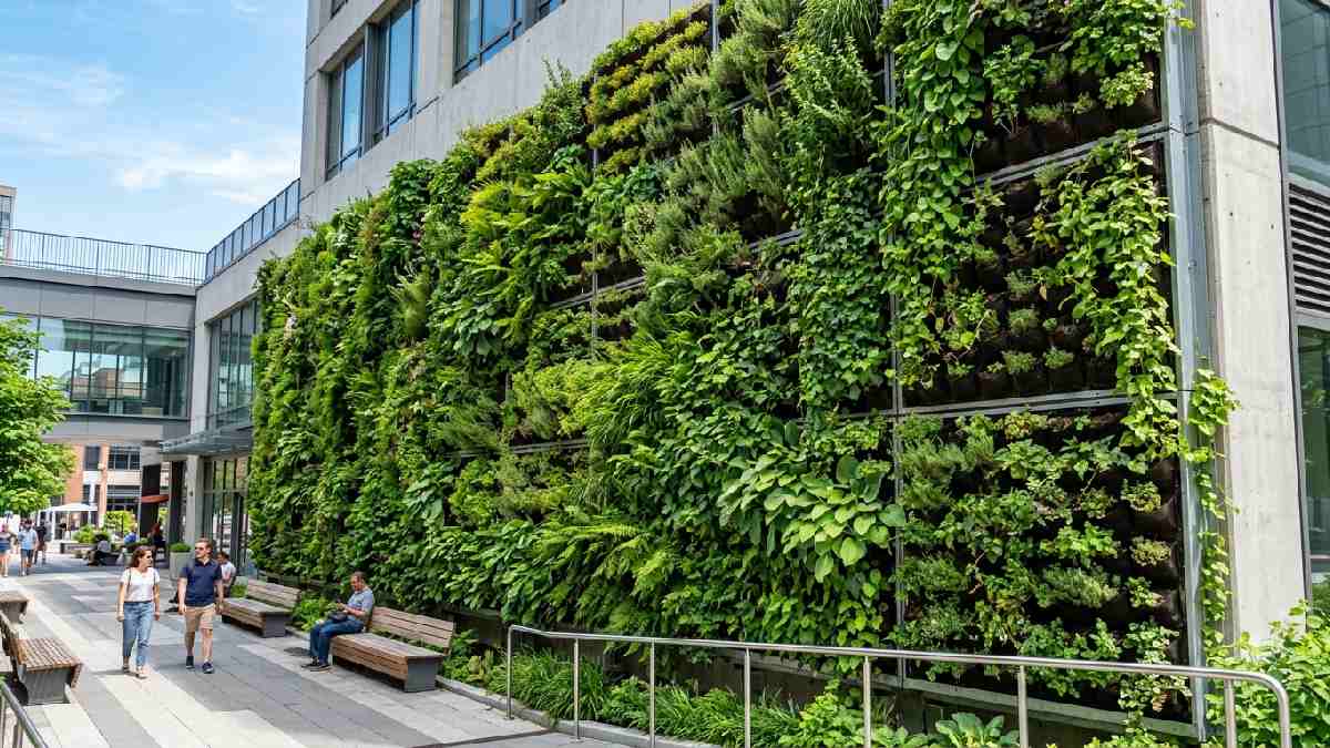 Large outdoor wall covered with modular planting pockets and lush green plants showing what a vertical garden wall looks like.