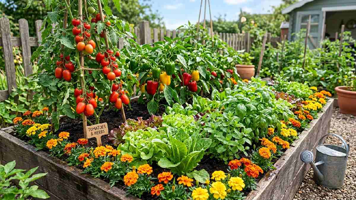 Raised garden bed filled with tomatoes peppers lettuce herbs and marigold flowers showing best plants to grow in raised beds. 