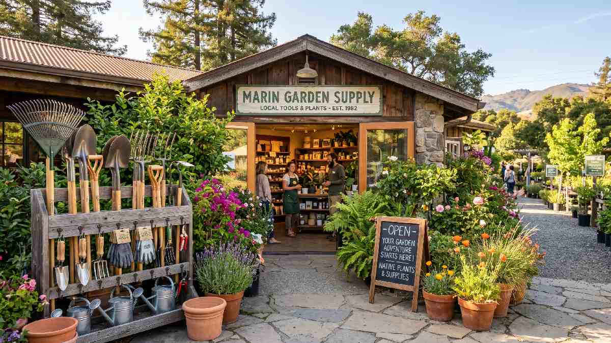 Local Marin County garden center with tools and plants displayed showing where to find gardening tool supply in Marin County.