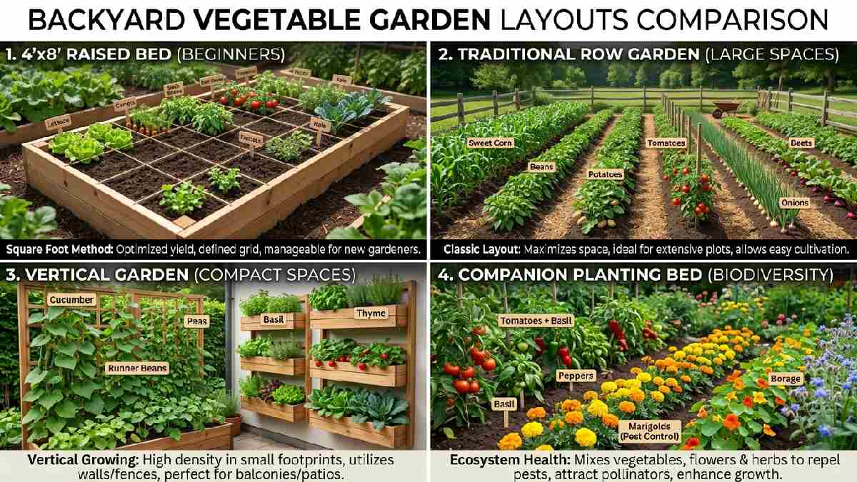 Comparison of best backyard vegetable garden layouts showing raised bed rows square foot vertical and companion planting options for different spaces.