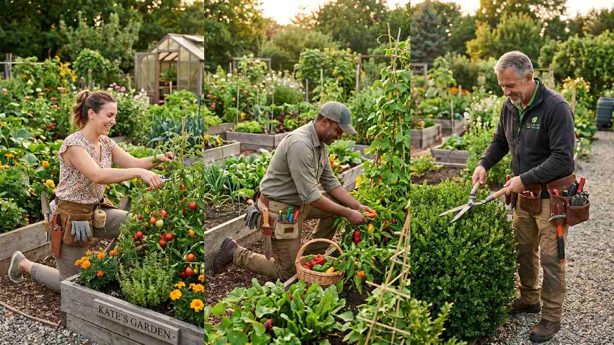 Different gardeners wearing tool belts in home vegetable and professional gardens showing who can benefit from a gardening tool belt. 