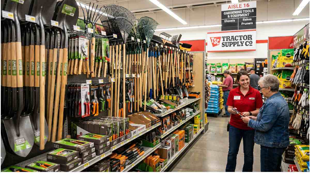 Tractor Supply store aisle with gardening tools on shelves showing why buy gardening tools from Tractor Supply today.