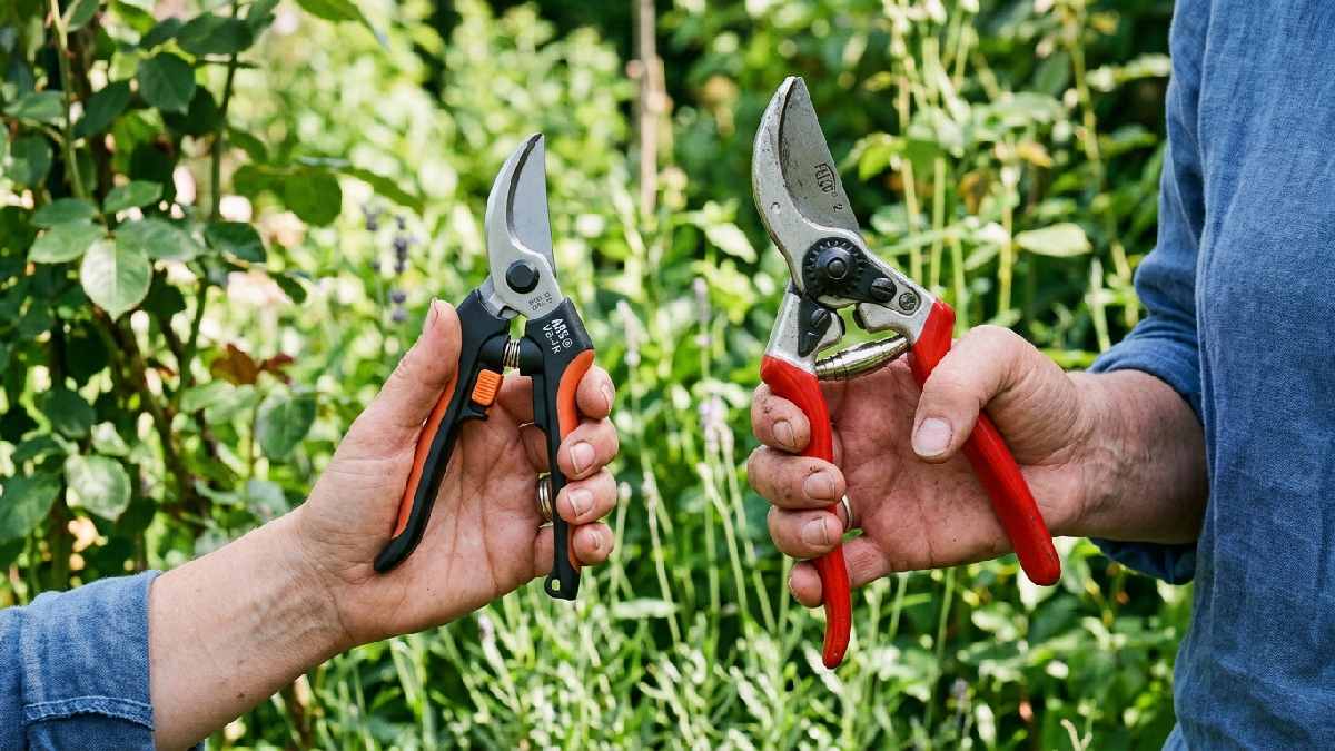 Woman's hands comparing small and large bypass pruning shears showing why choosing the right size pruning shears matters for comfortable gardening.