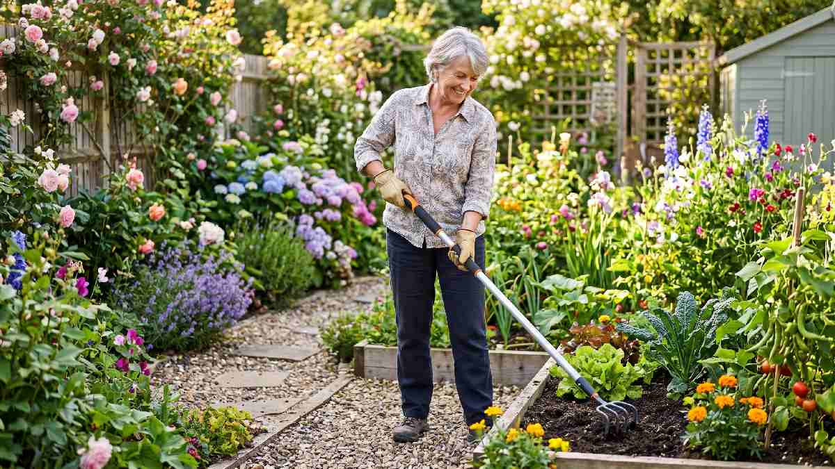 Happy senior woman gardening comfortably upright using ergonomic long handle tools with padded grips showing pain-free gardening benefits for elderly.