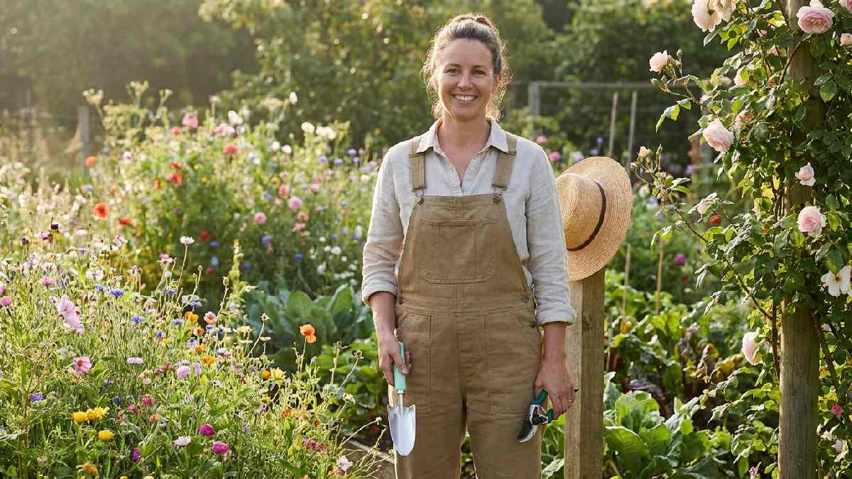 Happy woman gardening comfortably holding lightweight ergonomic trowel and pruning shears showing reduced wrist strain and ease of women's garden tools.