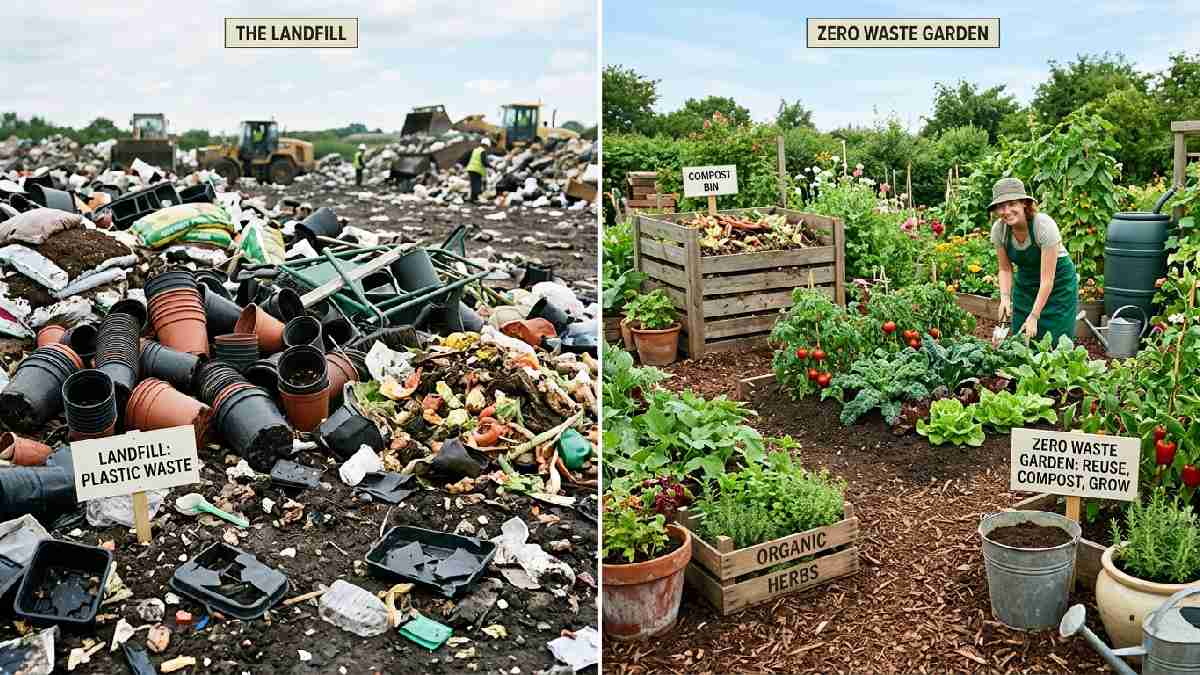 Landfill plastic waste versus thriving zero waste garden with compost showing why sustainable zero waste gardening matters for environment. 