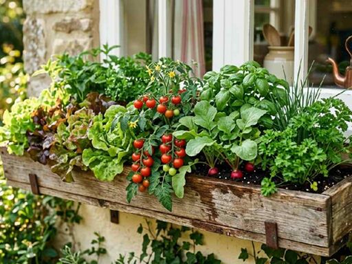 Wooden window box filled with lettuce tomatoes radishes and herbs showing easy small space vegetable gardening for fresh food at home.