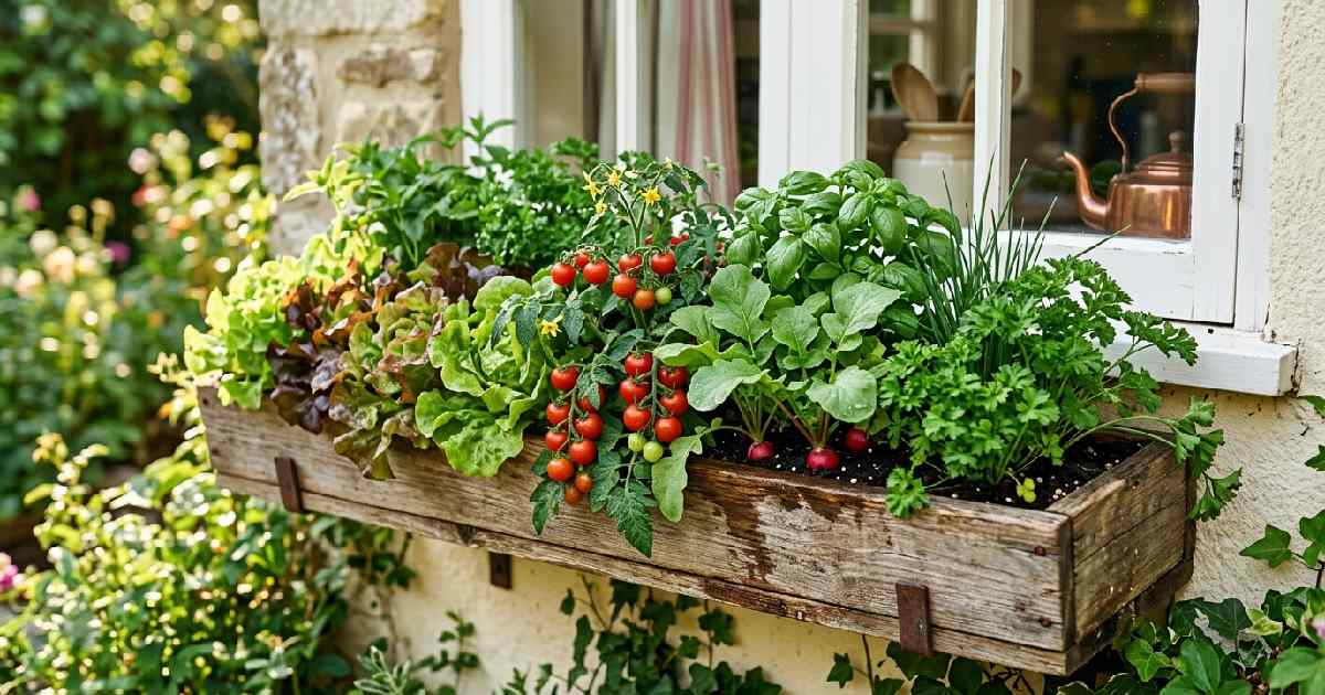 Wooden window box filled with lettuce tomatoes radishes and herbs showing easy small space vegetable gardening for fresh food at home.