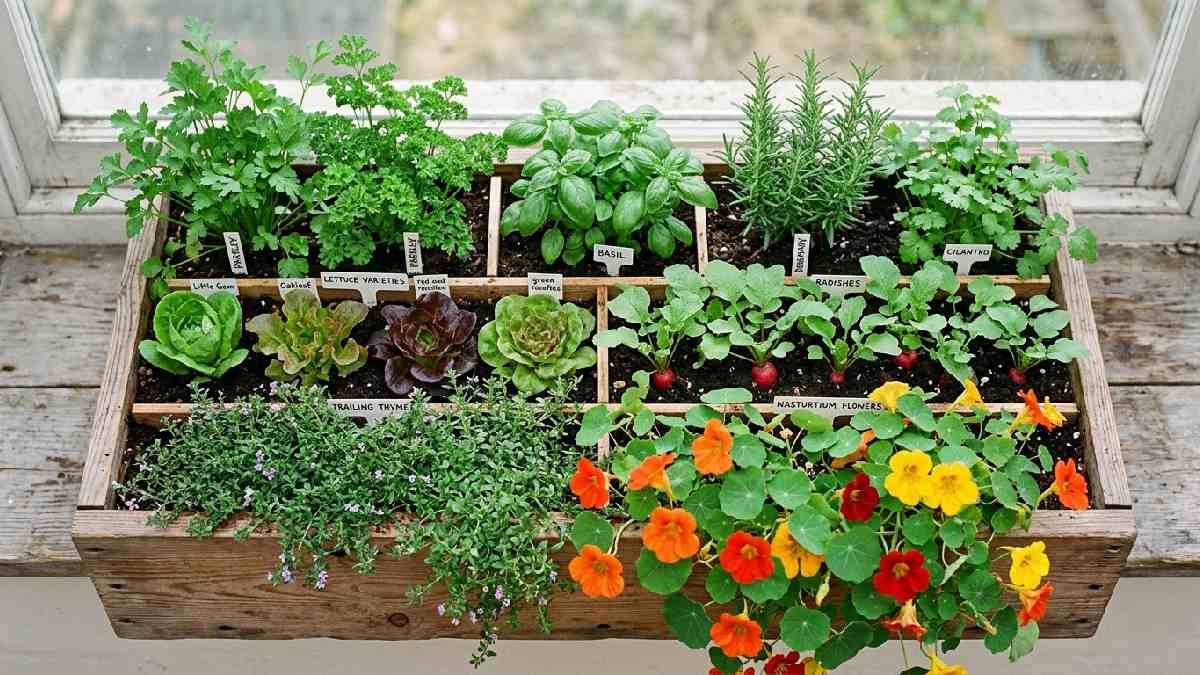 Window box layout with tall herbs in back trailing plants in front and vegetables in middle showing smart planting arrangement.