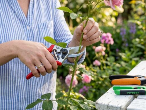 Woman's small hands holding compact Felco F-6 bypass pruning shears making precise cut showing best pruning shears for small hands.