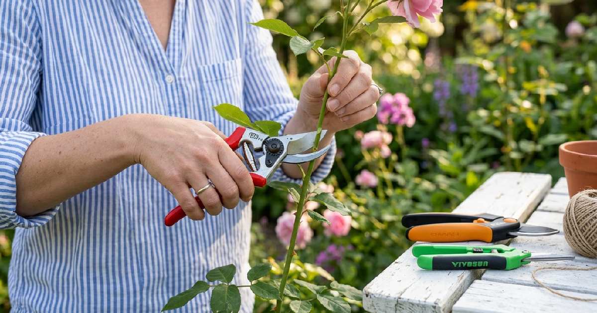 Woman's small hands holding compact Felco F-6 bypass pruning shears making precise cut showing best pruning shears for small hands.