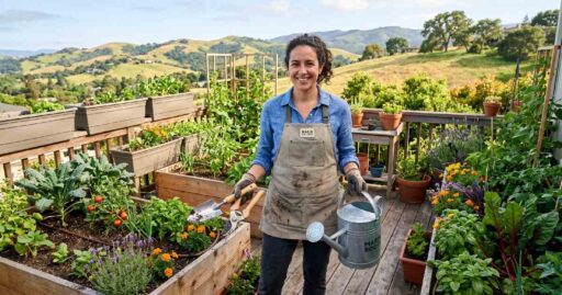 Marin County urban gardener with essential eco-friendly gardening tools beside a thriving home garden, representing a complete gardening tool supply in Marin County.
