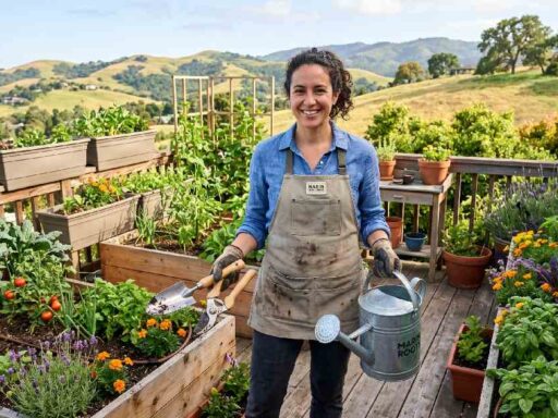 Marin County urban gardener with essential eco-friendly gardening tools beside a thriving home garden, representing a complete gardening tool supply in Marin County.