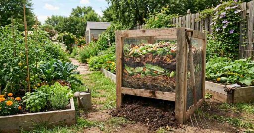 Completed DIY wooden compost bin with green and brown layers and pitchfork in sunny backyard showing how to make a compost bin at home.