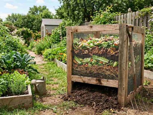 Completed DIY wooden compost bin with green and brown layers and pitchfork in sunny backyard showing how to make a compost bin at home.