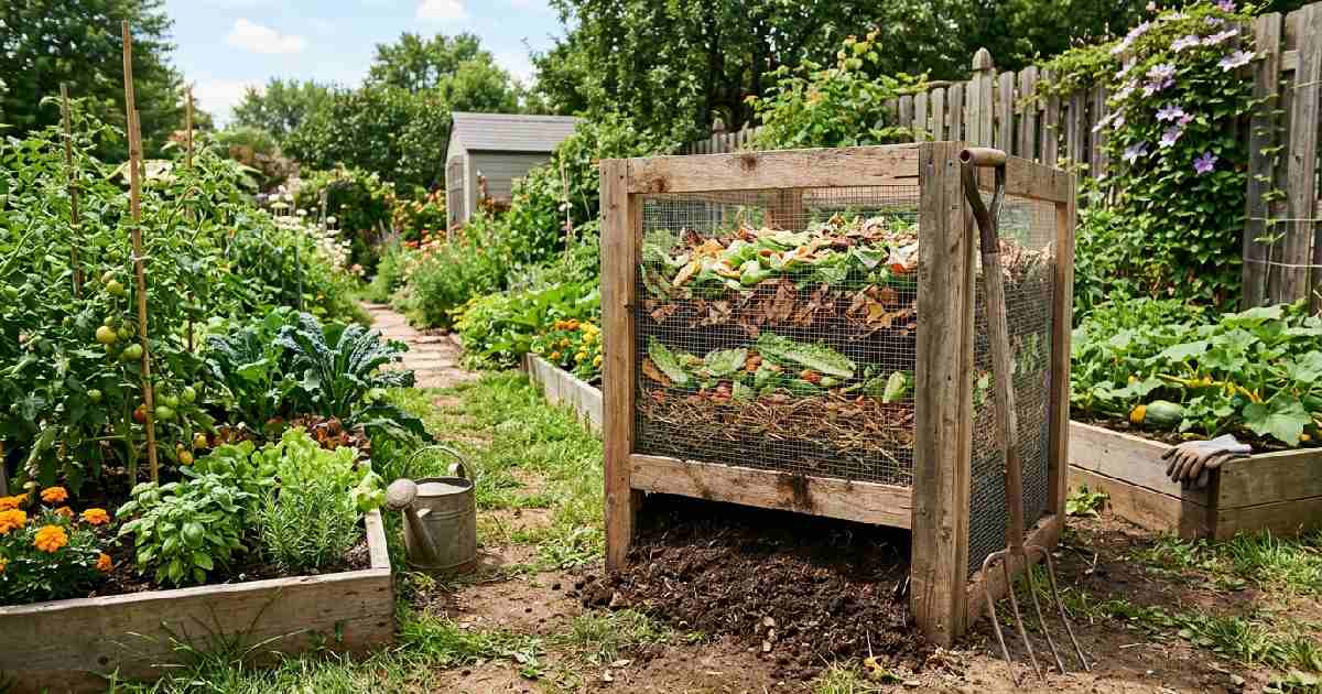 Completed DIY wooden compost bin with green and brown layers and pitchfork in sunny backyard showing how to make a compost bin at home.
