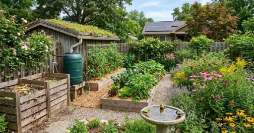 Compost bin, rain barrel, and native flowers in the backyard showing Sustainable Gardening Tips 2026 for eco-friendly homes.