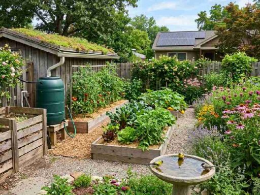 Compost bin, rain barrel, and native flowers in the backyard showing Sustainable Gardening Tips 2026 for eco-friendly homes.