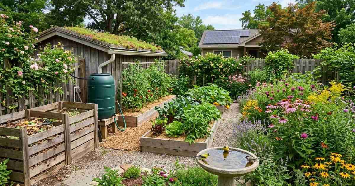 Compost bin, rain barrel, and native flowers in the backyard showing Sustainable Gardening Tips 2026 for eco-friendly homes.